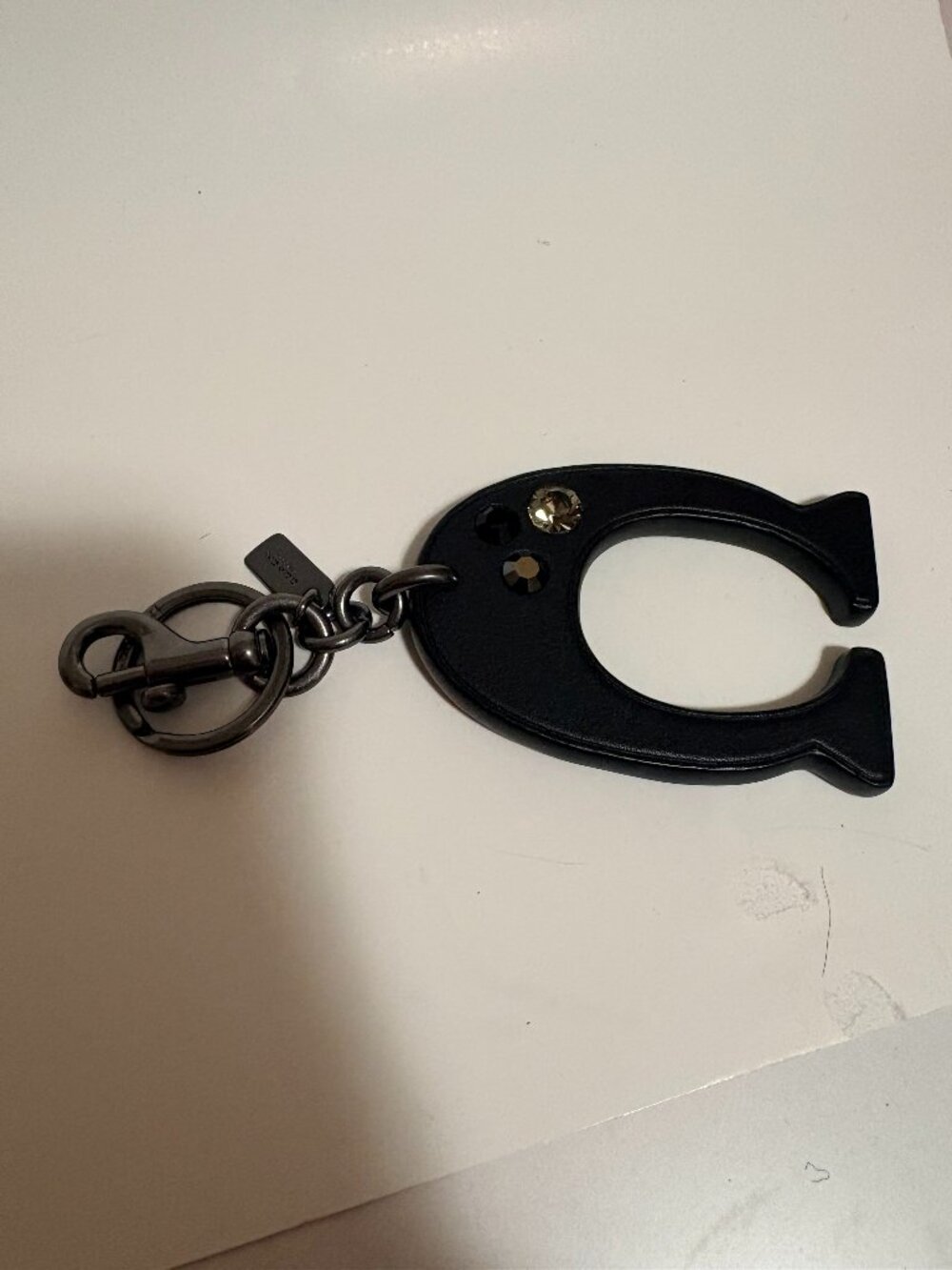 Coach Crystal Embellished Black Leather C Logo Bag Charm Keychain Gunmetal